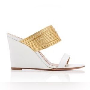 Aquazzura Italy Rendez Vous White and Gold Banded Wedge Sandals